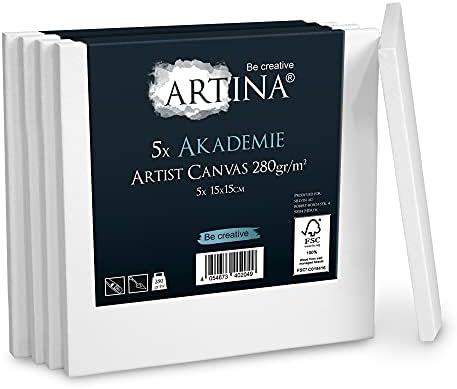 Artina FSC Canvas Set 5pcs Akademie 15x15 cm  100% Cotton Canvas Stretcher Frame 280 g/m² - Blank Canvases for Art for Acrylic, Watercolour & Oil Painting