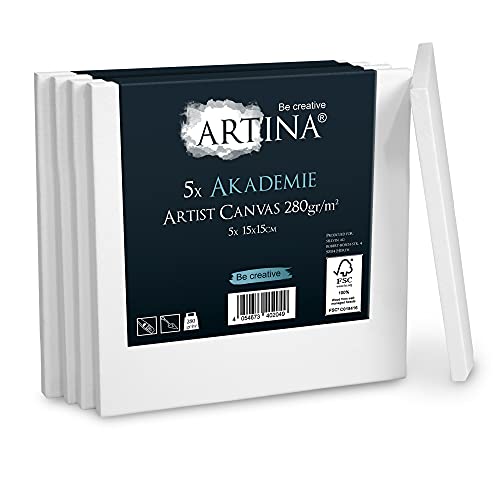 Artina FSC® Keilrahmen 5er Set Akademie 15x15 cm – Leinwand Set Maltuch aus 100% Baumwolle Leinwände 280 g/m² - Keilrahmenset Leinwand zum Bemalen für Acryl-, Aquarell-, Ölfarbe uvm