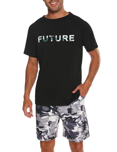 Nieery Pijama Hombre Corto Algodon Conjunto de Pijamas Verano Manga Corta Ropa de Dormir para Hombre y Pantalones Cortos de Camuflaje Gris L