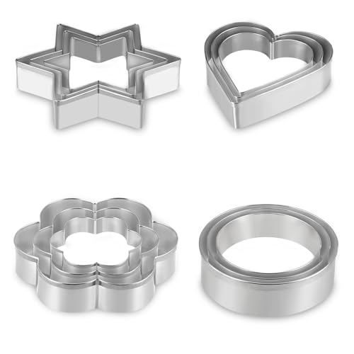 AUAUY 12PCS Moldes Galletas, Acero Inoxidable Cortadores de Galletas con Forma de CorazóN, Flor, Estrella y Redondo, Moldes para ReposteríA, CumpleañOs, Navidad y San ValentíN