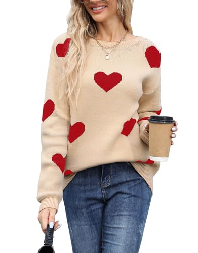Image of Womens Cute Heart Sweater Crew Neck Long Sleeve Pullover Valentines Sweater