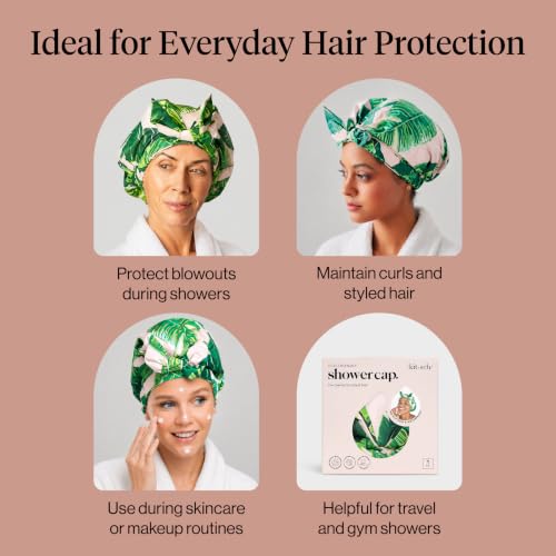 Image of Kitsch Luxury Large Shower Cap for Women - Palm Leaves | Shower Caps for Women Reusable Waterproof - Non-slip, Comfortable Quick-dry Hair Shower Cap for All Hair Types