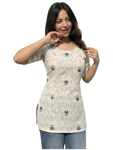 Image of ANNI Designer Women's Viscose Blend Printed Short Kurti | Straight Fit Ethnic Top with Square Neck | Bell Sleeve Indian Kurta for Office College, Party