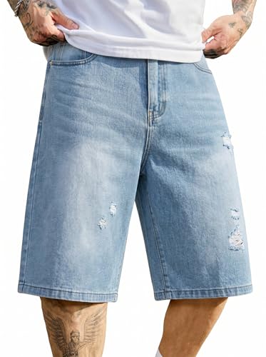 Image of PLEPAN Mens Super Baggy Jean Shorts 12 inch Vintage Loose Fit Wide Leg Long Jorts Y2K Streetwear Below Knee Denim Shorts
