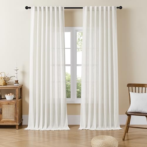 Image of Joydeco Light Filtering Curtains 108 Inch Length for Bedroom, Linen Curtains 108 Inch Length 2 Panels Set for Living Room,White Semi Sheer Curtains 108 Inches Long with Rod Pockets