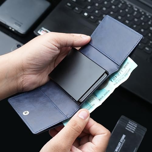 Image of The Wallet Store Maverick RFID Protected Vegan Leather Wallet Cardholder | Pop-up Cardholder | Scan Proof Wallets for Men | Aluminium Case | Up to 8 Cards | Credit & Debit Cardholder (Blue)