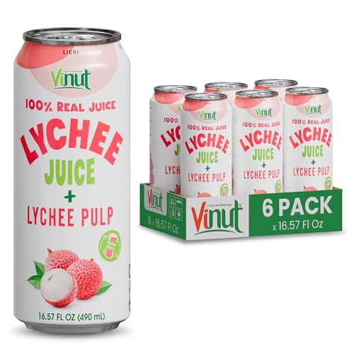 Image of VINUT 100% Natural Lychee Juice Drink with Pulp, Real Lychee Juice, Gluten Free, GMO-Free, 16.57 fl oz, Pack of 6