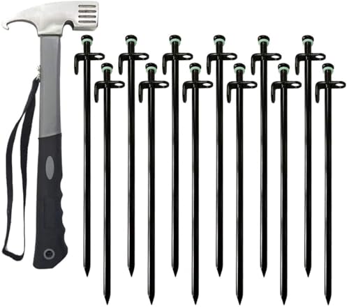 YUANQIAN Tent Stakes and Camping Hammer Set, 12pcs Heavy Duty Forged Steel Tent Stakes + Heavy Duty Camping Hammer + Storage Pouch, Available in Rocky Place Dessert Snowfield (12in*12pcs+1Hammer)