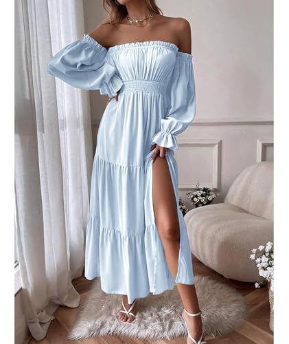 Image of ECDAHICC Women's Boho Sexy Off Shoulder Long Sleeve Maxi Dress High Waist Side Split A Line Tiered Long Dresses