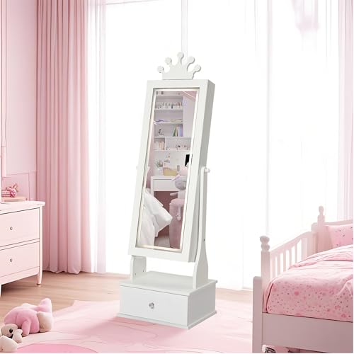 Garvee Kids Jewelry Cabinet with Full-Length Mirror, Freestand Mirror with Storage Drawers, Kids Vanity Dress Up Mirror with Jewelry Organizer, 46" Jewelry Armoire for Bithday/Christmas(White)