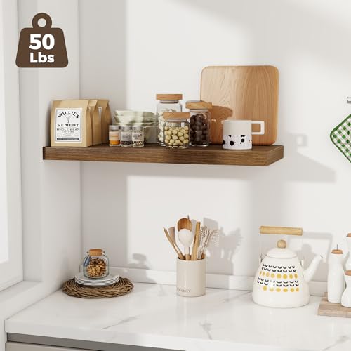 Image of Fun Memories 12 Deep Floating Shelves for Wall | 30W x 12D Large Floating Shelves | 2 Pack Storage Space Wall Mount Shelf for Living Room Bathroom Toilet Laundry Room Kitchen Home Office - Walnut
