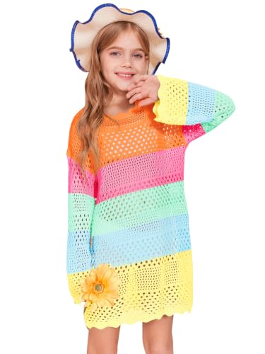 Image of Batermoon Girls Crochet Long Sleeve Swimsuit Cover Up Kids Fashion Hollow Out Swimwear Beach Dress 5-14 Years
