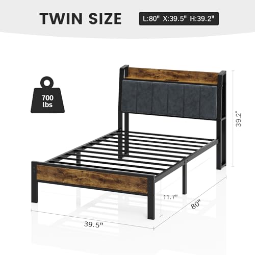 Image of Liians Twin Size Bed Frame with USB Charging Station, Smart LED Lights | Wood Storage Headboard, Metal Platform Bed, Easy Assembly, Noise Free, No Box Spring Needed