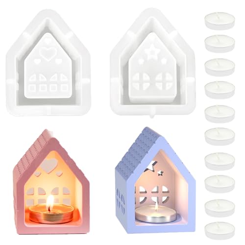 2 Stück Silikonformen Gießformen Haus Weihnachten – Silikonform Häuser mit Herz & Stern Fenster für Kerzenhalter, Teelichthäuser DIY Basteln mit 10 Teelichtern Wiederverwendbar