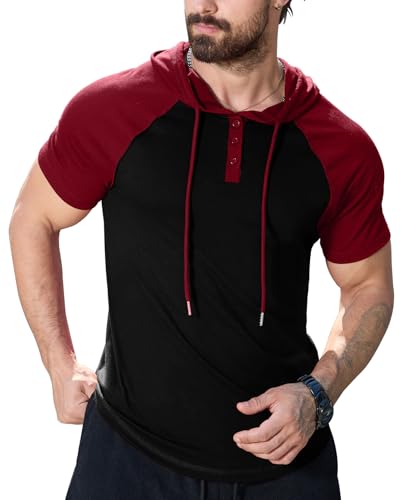 KUYIGO Men's Short Sleeve Hoodie Workout Gym Muscle Fit Athletic Lightweight Sweatshirt Hoodies Pullover with Drawstring