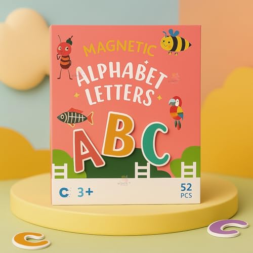 Image of WISHKEY Magnetic Alphabet Letters for Kids - 52 PCS ABC Uppercase Magnets with Animal Flashcards, Educational Montessori Learning Toy for Toddlers & Preschool Kids Age 3+ Red