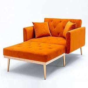 40.94” Wide Modern Accent Chair with 3 Angles Adjustable Backrest+2-Pillow, Tufted Upholstered Chaise Lounge Chair, Recliner Armchair & Ottoman Set for Living Room, Bedroom (Velvet Orange-2)