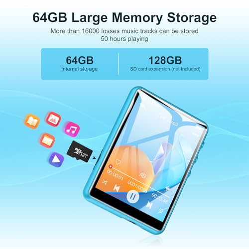 Image of SWOFY 64GB MP3 Player with Bluetooth 5.3, 2.4-Inch Full Touch Screen, Portable Lossless Sound Music Player with HD Speaker, MP3 with FM Radio Recording e-Book, Record, Earphone Included-Blue