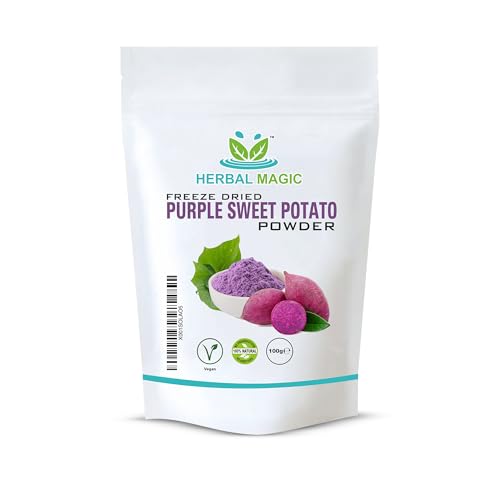 Herbal Magic 's Pure Polvo de batata morada liofilizada, espolvorea sobre fruta fresca, haz brillar tus batidos, úsalo en recetas de alimentos crudos, color natural para alimentos. Libre de rellenos y