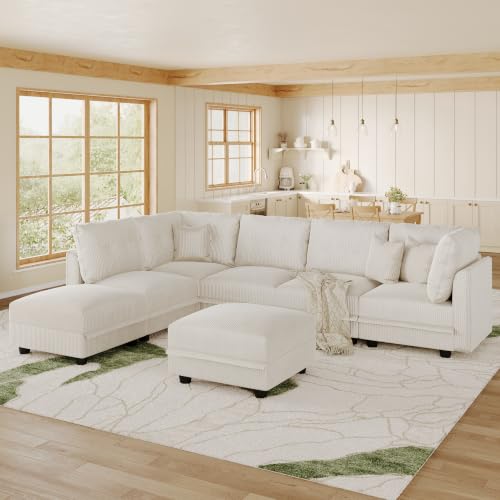 Image of LLappuil Modular Sectional Sofa with Storage, U-Shaped 7-Seat Corduroy Couch with 7 Throw Pillows, Pet-Friendly Convertible Sofa for Living Room & Apartment, Skin-Friendly, Beige