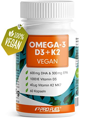 Omega-3 vegan + D3 & K2 (60x) 1100mg Algenöl mit 600mg DHA & 300mg EPA + 1000 IE Vitamin D3 + 40 g Vitamin K2 - O3 D3 K2 vegan Essentials - Omega-3 Kapseln laborgeprüft mit Zertifikat