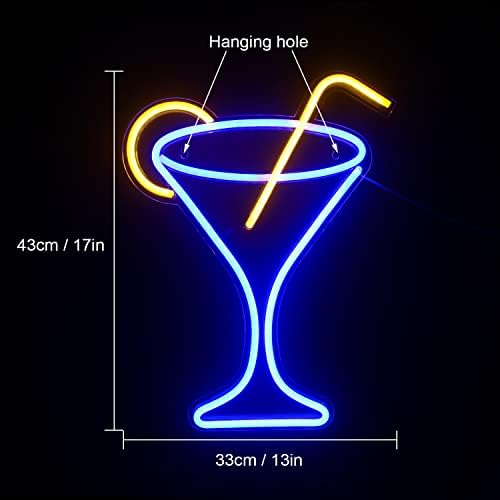 Ineonlife Cocktail Glass Neon Signs Blue Led Neon Wall Lights Martini Glass Neon Light Sign 17''x13'' Large Acrylic Led Wine Lamp for Bar Dinner Party Restaurant Wedding Decor