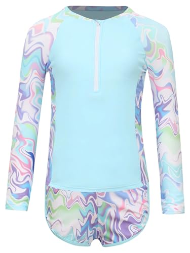 Kids Girls 2Pcs Rash Guard Swimsuit Long Sleeve Zipper Swim Top and Shorts Sun Protection Bathing Suit