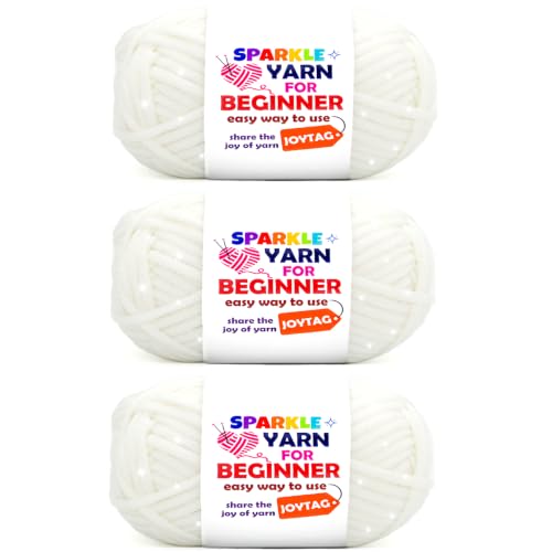 Image of 3 Pack White Sparkle Yarn for Crocheting and Knitting,White Metallic Glitter Crochet Knitting Yarn for Beginners with Easy-to-See Stitches Easy Yarn for Beginners Crochet Kit(3x50g)