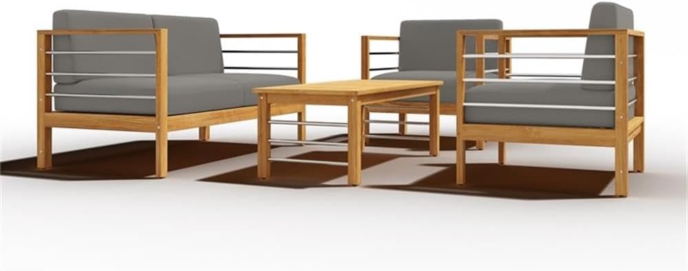 Pemberly Row 3-Person Teak Outdoor Sofa, Charcoal Cushions, Durable Teak Frame with Stainless Steel Accents, Kiln-Dried, Weather-Resistant, Modern Style Patio Furniture for Comfortable Outdoor Seating