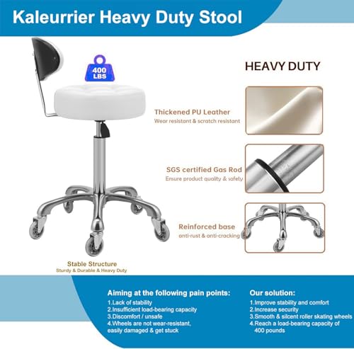 Image of Kaleurrier Rolling Stool with Back Support: Adjustable Height 22-30 inches for Nail Lash Tech Stylist - Heavy Duty Stool Chair with Wheels for Salon Shop Office Kitchen Garage White
