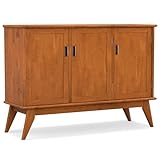 SIMPLIHOME Draper Buffet - 50 inch Wide Solid Hardwood 3-Door Sideboard Buffet in Teak Brown, Mid-Century Modern Cabinet for Dining Room or Kitchen with Adjustable Shelves and Tapered Legs