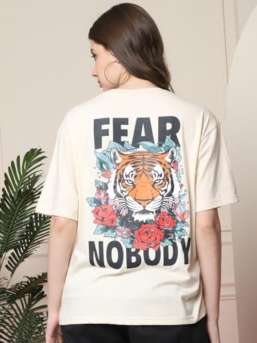 Image of Fabflee Oversized Cotton Baggy Drop Shoulder Graphic Tee with Half Sleeves | Korean Casual Loose T-Shirt for Women