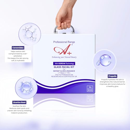 Image of A+ Korean Glass Facial Kit for Glowing Skin | Professional Anti-Aging, Tan Removal & Pigmentation Kit (7 Steps) | With Licorice Root, Ceramides & Hyaluronic Acid | Hydra Facial Kit for Women & Men, 10x Booster Serum (10-15 Uses)