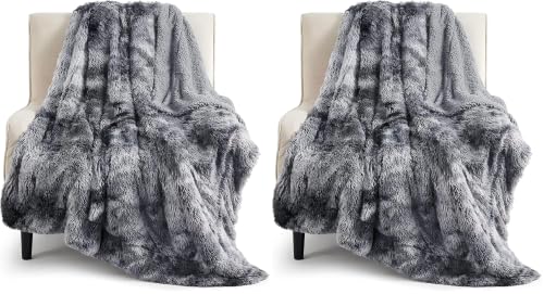 Image of Bedsure GentleSoft Fuzzy Faux Fur Sherpa Fleece Blanket Twin Size, Plush Thick Warm Twin Blanket for Bed, College Dorm Essentials Gifts for Girls Boys, Tie Dye Grey Decor for Winter, 60x80 (Pack of 2)