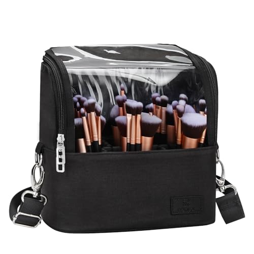 Makeup Brush Case Stand-up Makeup Cup Travel Professional Cosmetic Bag Artist Storage Bag Large Makeup Brush Bag with Adjustable Divider (Large, Black)