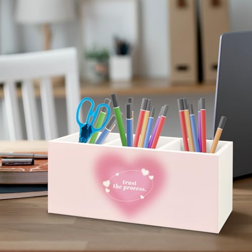 Image of Preppy Pink Heart Aura Inspirational Wooden Pen Pencil Holder for Office Desk Accessories, Trust the Process Spiritual Positive Makeup Brush Toothbrush Holder Organizer