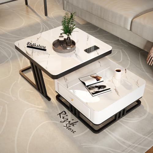Image of RIZIK STORE Iron Frame Handmade Drawer Square Coffee Table /Nesting Table /Side Table /Center Table with Engineered Wood Top for Living Room /Drawing Room /Balcony (White- 24 inchx24 inch)