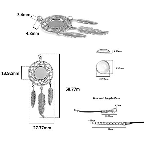 LANBEIDE 60Pieces Cabochons Jewelry Making Kits-20Pcs Dreamcatcher Bezel Pendant Trays with 20Pcs Glass Cabochons 14mm and 20Pcs Black Waxed Necklace Cords for Photo Pendant Jewelry Making