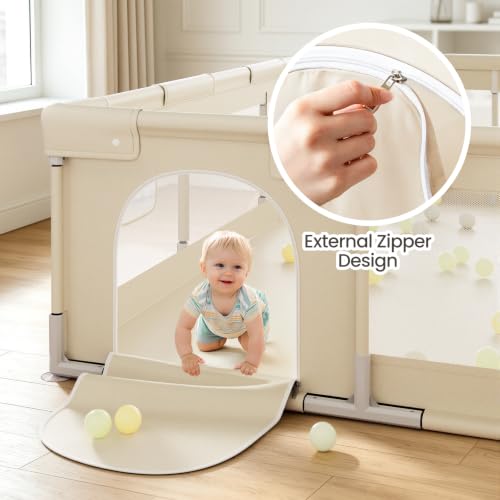 Image of Uanlauo Baby Playpen for Babies and Toddlers, 71x47in Large Playpen, Beige