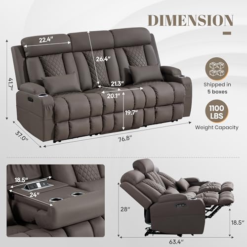 Image of Zero Wall Hugger Power Reclining Sofa with Adjustable Headrest, Electric Reclining Couch with Drop-Down Table,Outlets, Power Loveseat Recliner Sofa for Living Room (PU Brown, 3 Seat)