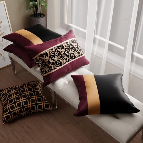 Image of Stoa Paris Cushion Covers for Home, Digital Printed Pillow Covers Set of 5, Throw Cushion Covers for Bed, Sofa, Home Decor - Eternal Glow, Velvet Wine, Midnight Black