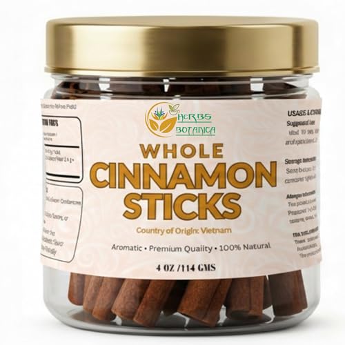 Herbs Botanica Cinnamon Sticks Vietnamese Cinnamon Saigon cinnamon 100% Natural Whole Cinnamon Sticks for Cooking, Baking, Teas, Beverages 3 inch+ Size Fresh and Aromatic, Perfect for Bulk Use 4 oz