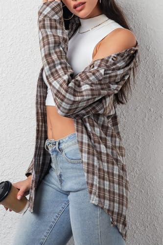 Image of CHYRII Womens Button Down Flannel Shirts Long Sleeve Plaid Shackets Business Casual Blouse Top