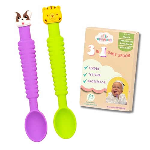 Little Grubbers 3-in-1 Silicone Baby Spoon Self Feeding 6+ Months - Pediatric OT Designed Teether Spoon