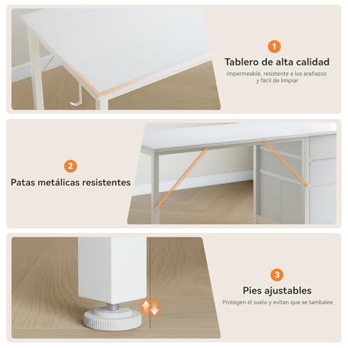 Miniatura 9 de Coleshome Escritorio Con 3 Cajones De Tela, Escritorio Espacioso Con Soporte Para Auriculares Y Bolsa De Almacenaje, Escritorio De Ordenador Reversible Para Oficina En Casa Blanco, 120x48cm