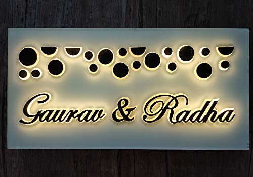 Aarushi Creations Personalized Home/Door Name Plate, with Mirror Shine and with Lighting, Laser Cut, Size 24 x 12 in