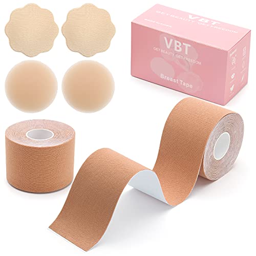 Boob Tape - 2 Pack Breast Tape, Athletic Tape with Silicone Round & Petals Reusable Adhesive Bra Nipple Covers for A-G Cup Large Breasts for Backless Dresses Wedding Dresses - 2  x 200  Nude