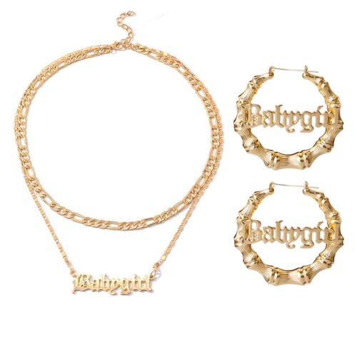 BELUCKIN Hip Hop Gold-Tone Bamboo Hoop Earrings for Women Stainless Steel Letter Pendant Necklace 80s/90s Costume Accessory Party Jewelry Set (A:layer gold-tone)