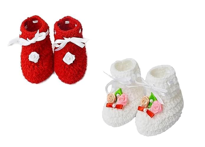 Crochet Baby Booties Shoes White & Red Set of 2 for 0-6 Months-image-47