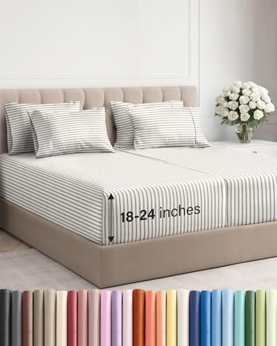 Image of Extra Deep Split King Sheet Set - 7 Piece Cooling Sheets - Beige Stripes | Hotel Luxury Bed Sheets Set, Easy & Secure Fit, Ultra-Soft, Wrinkle & Fade Free, Comfy Sheets Set with Extra Deep Pockets